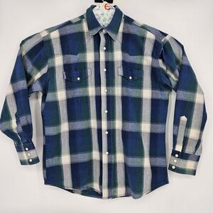 Wrangler‎ Western Shirt Mens Large Blue Green Plaid Pearl Snap Long Sleeve Rodeo